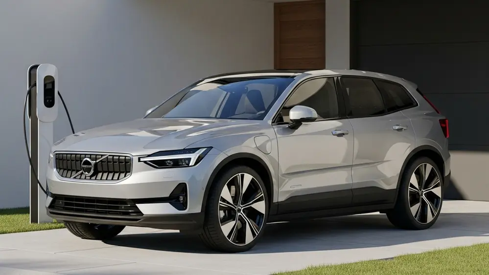 A silver Volvo electric SUV parked in a modern driveway next to a charging station, with a focus on the vehicle's sleek exterior design and large wheels.