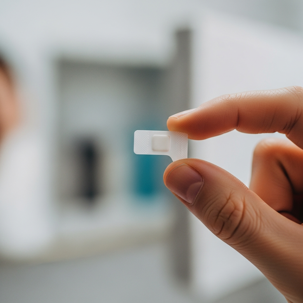 A close-up view of a small, translucent medicinal film strip being held between two fingers, representing a Suboxone sublingual film, with a soft-focus background of a bathroom medicine cabinet.