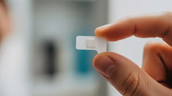 A close-up view of a small, translucent medicinal film strip being held between two fingers, representing a Suboxone sublingual film, with a soft-focus background of a bathroom medicine cabinet.