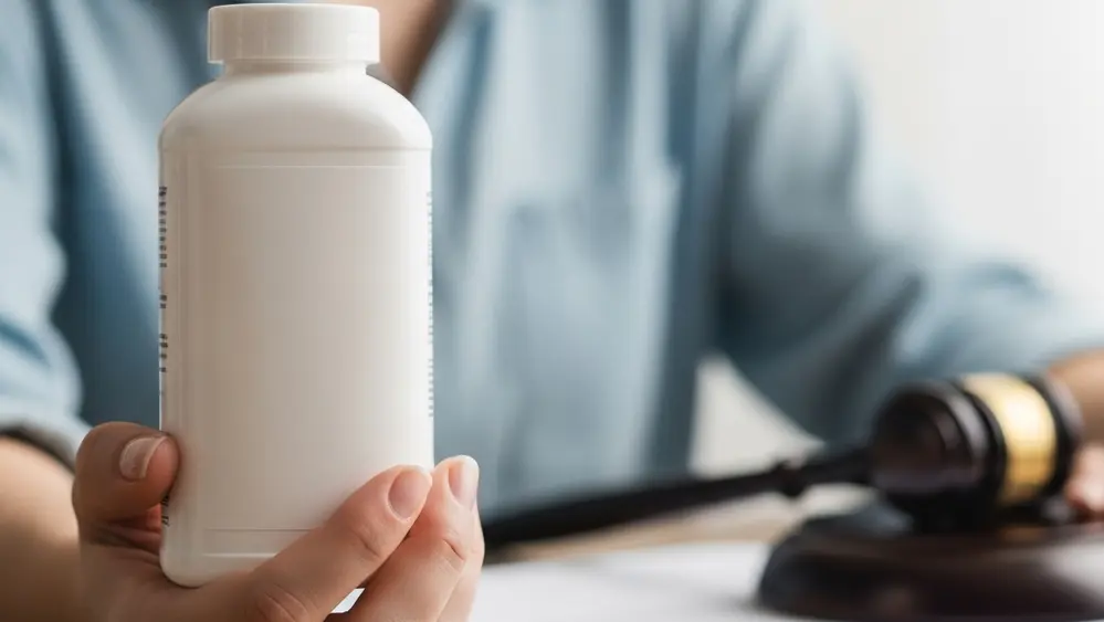 A woman's hand holding a bottle of talcum powder, with a blurred image of a legal document or gavel in the background, symbolizing a lawsuit outcome.