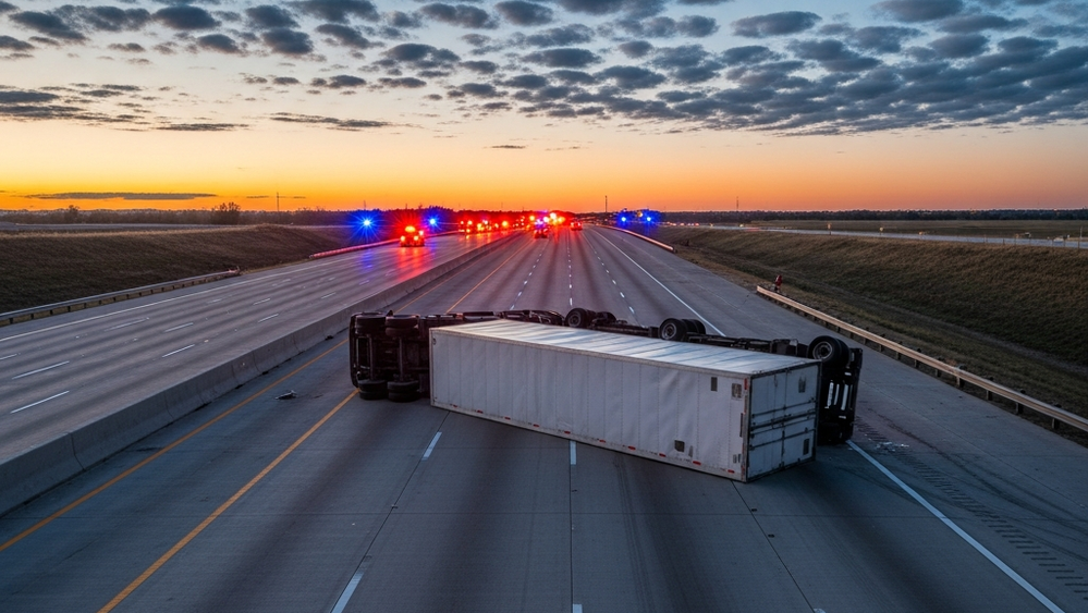 An overturned white semi-trailer lying on its side across several lanes of a wide concrete multi-lane highway, with emergency lights in the distance.