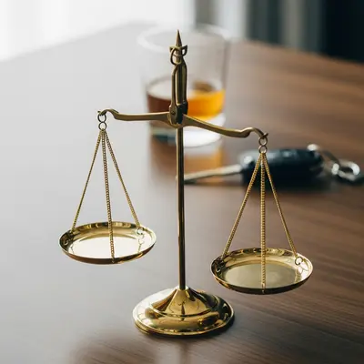 A symbolic image showing a set of gold scales of justice on a wooden desk, with a set of car keys and a partially empty glass of amber liquid sitting nearby in a blurred background.