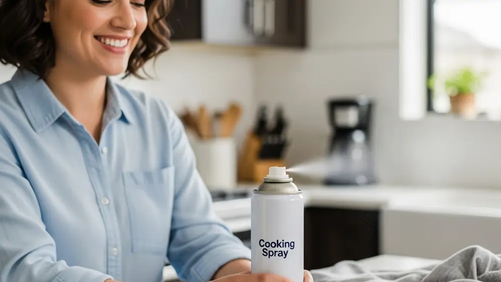 A close-up of a kitchen counter with an aerosol cooking spray can and a blurred background of a modern kitchen.