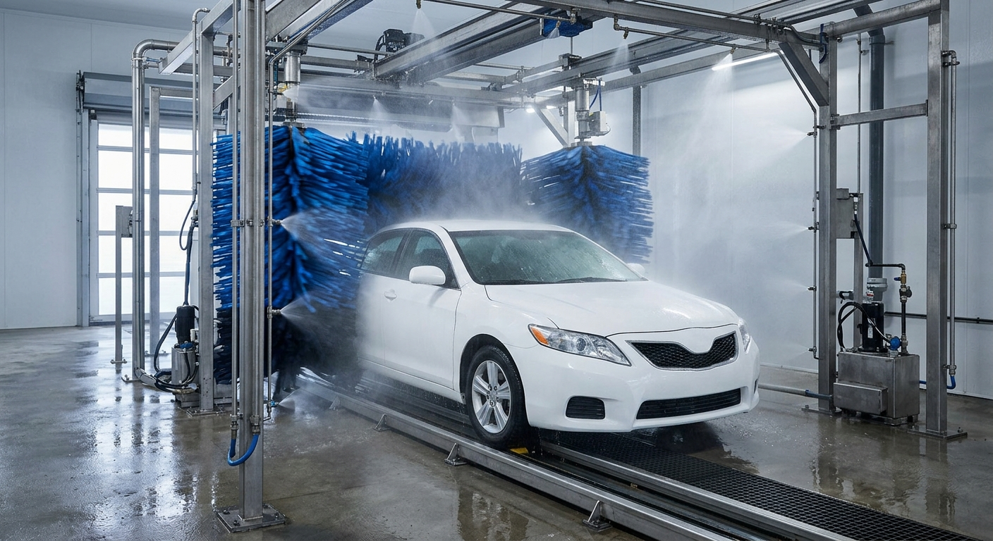 A commercial car wash bay with large spinning blue brushes cleaning a white car, water misting in the air, and various mechanical parts of the wash system visible.