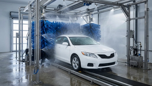 A commercial car wash bay with large spinning blue brushes cleaning a white car, water misting in the air, and various mechanical parts of the wash system visible.