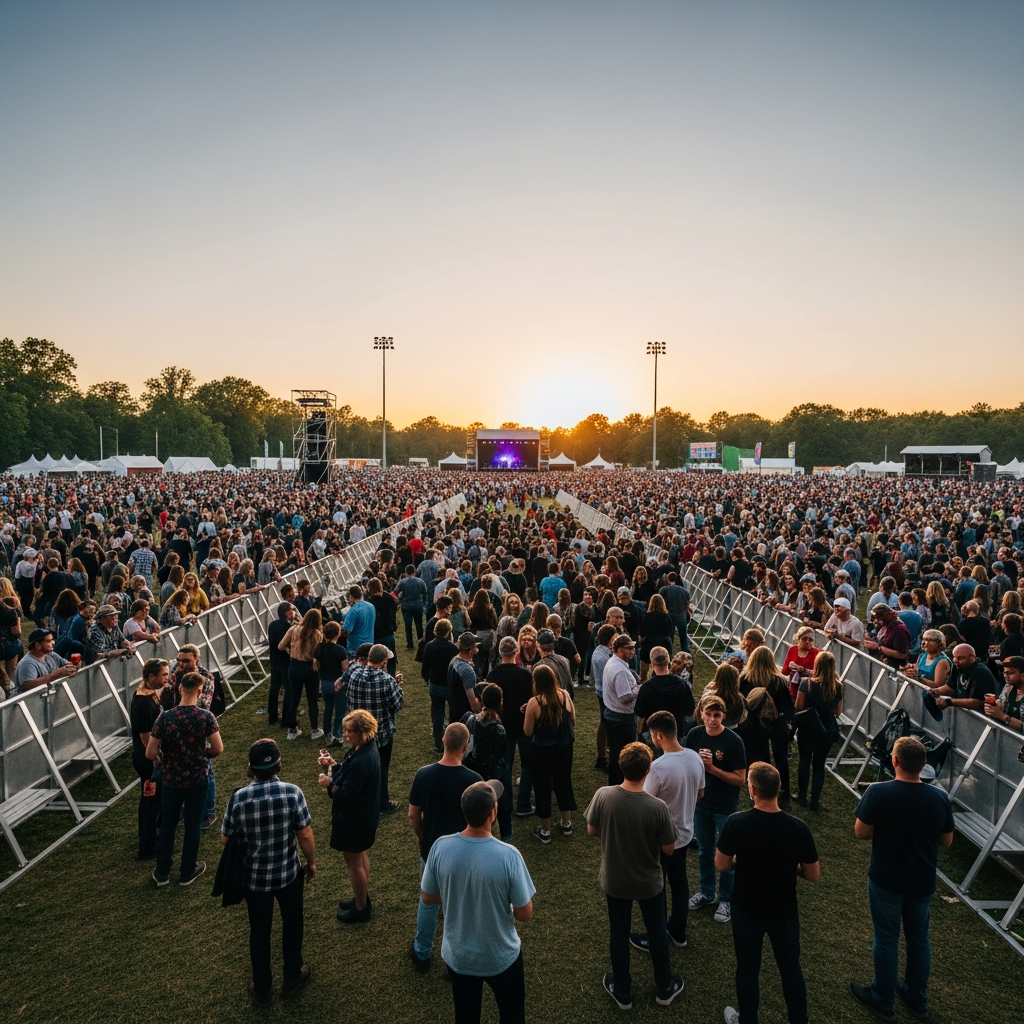 A wide-angle view of a large outdoor festival crowd at sunset, with a stage in the distance and safety barriers lining the perimeter.