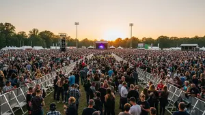 A wide-angle view of a large outdoor festival crowd at sunset, with a stage in the distance and safety barriers lining the perimeter.