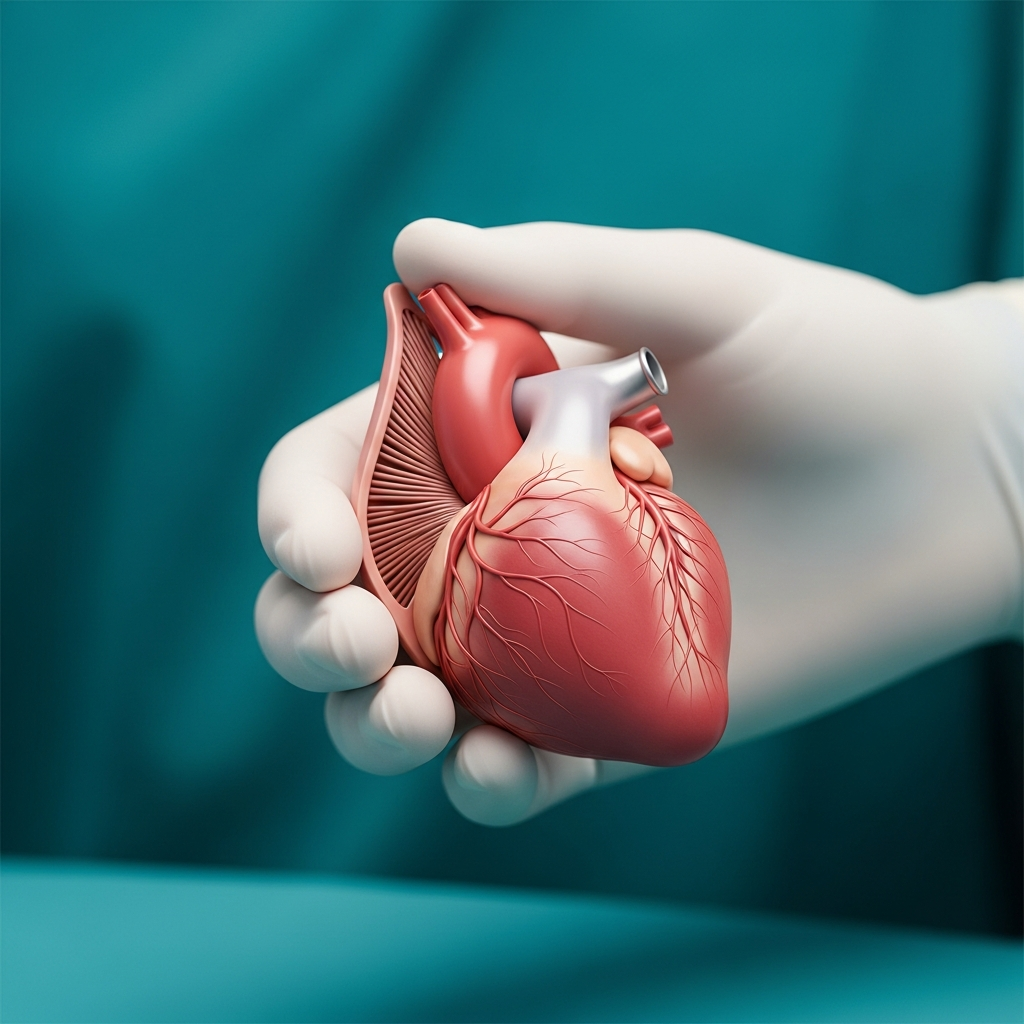 A medical illustration of a prosthetic heart valve held by a gloved hand in a sterile surgical setting.