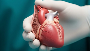A medical illustration of a prosthetic heart valve held by a gloved hand in a sterile surgical setting.