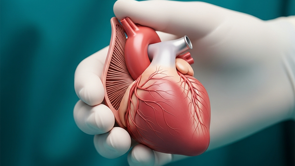 A medical illustration of a prosthetic heart valve held by a gloved hand in a sterile surgical setting.