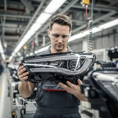 An assembly line worker inspecting high-end automotive headlights in a factory setting.