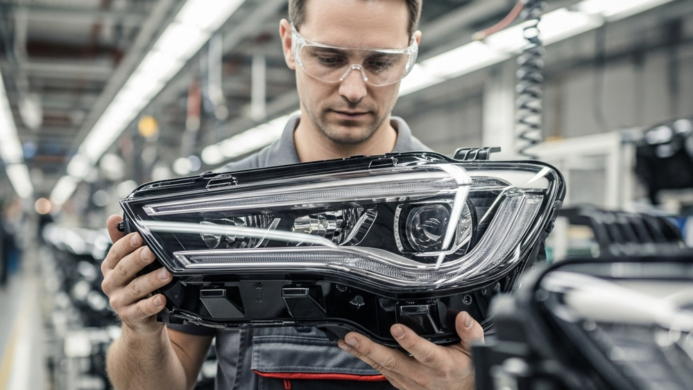 An assembly line worker inspecting high-end automotive headlights in a factory setting.