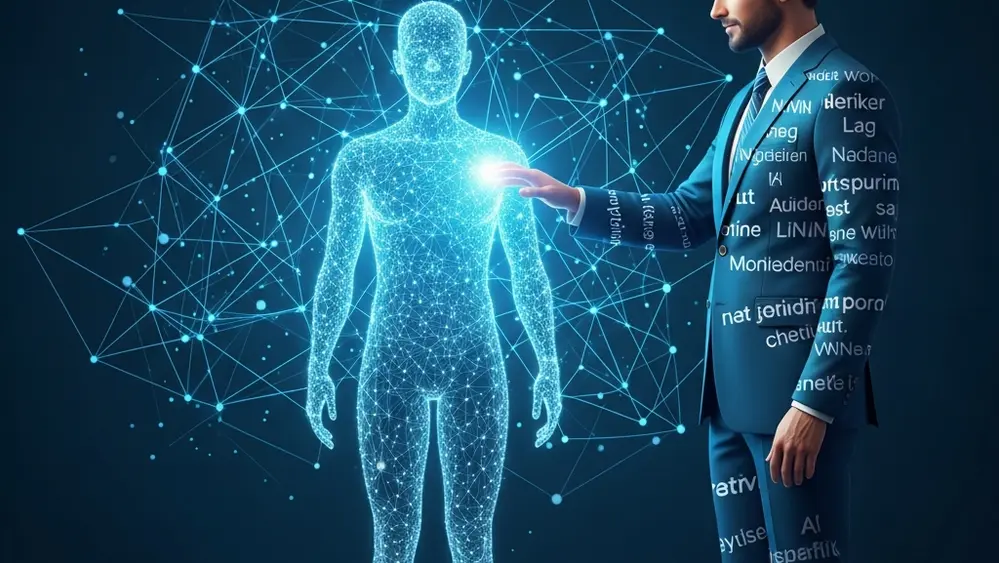 A conceptual image showing a glowing digital human figure being scanned by a network of blue light lines representing an automated algorithm.