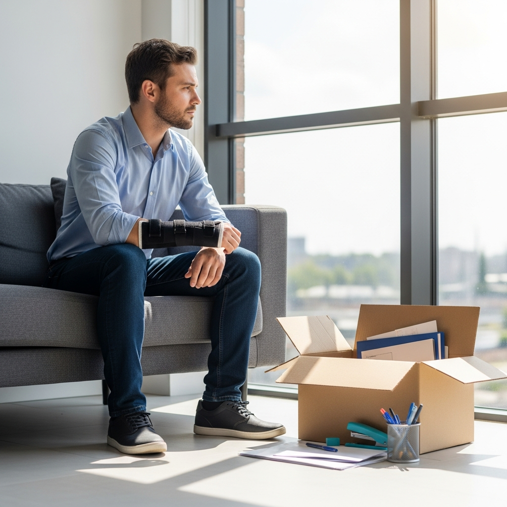 An injured office worker sitting on a sofa with a support brace on their wrist, looking pensively out a window with a cardboard box of office supplies on the floor next to them.