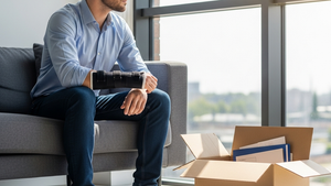An injured office worker sitting on a sofa with a support brace on their wrist, looking pensively out a window with a cardboard box of office supplies on the floor next to them.
