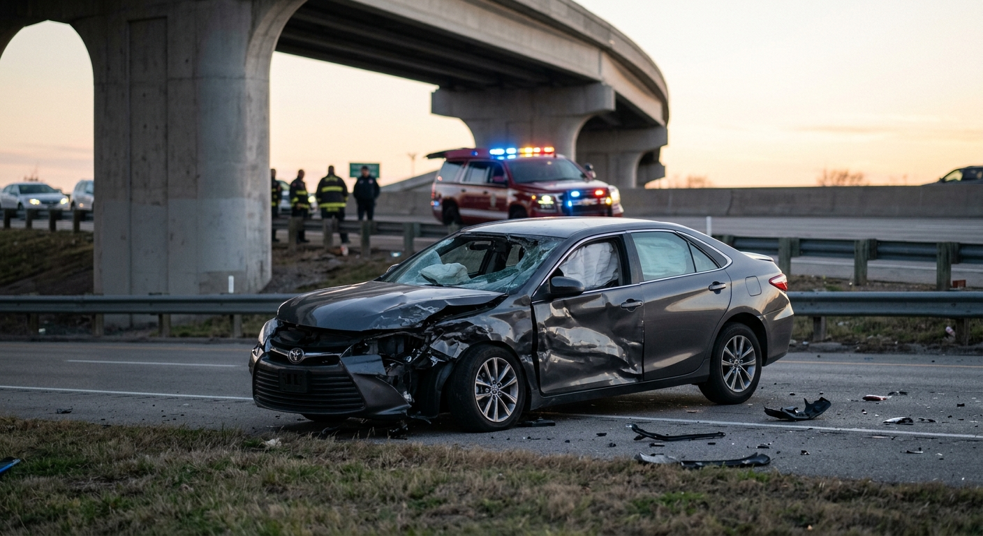 A passenger sedan wreckage at the base of a freeway overpass with emergency lights flashing in the background.