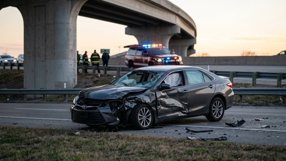 A passenger sedan wreckage at the base of a freeway overpass with emergency lights flashing in the background.