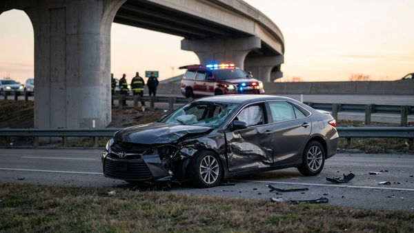 A passenger sedan wreckage at the base of a freeway overpass with emergency lights flashing in the background.