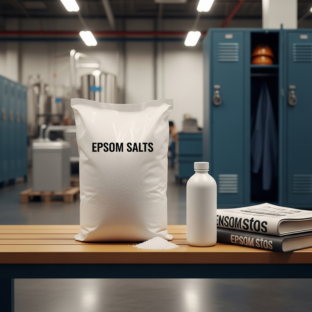 A white bag of Epsom salts sitting on a wooden bench inside a factory locker room with blurred industrial equipment in the background.
