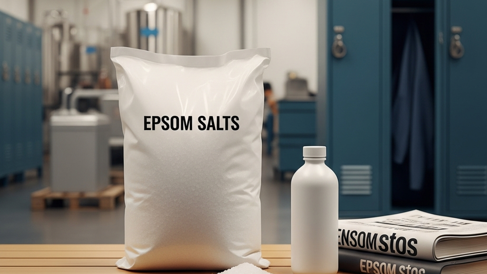 A white bag of Epsom salts sitting on a wooden bench inside a factory locker room with blurred industrial equipment in the background.