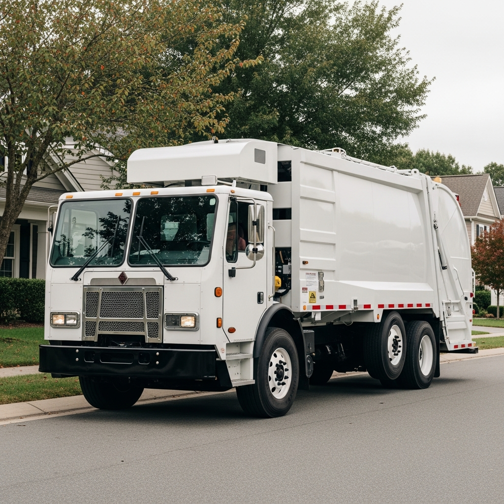 A large white Republic Services waste management truck parked on a suburban street during the day, with no visible logos or text.