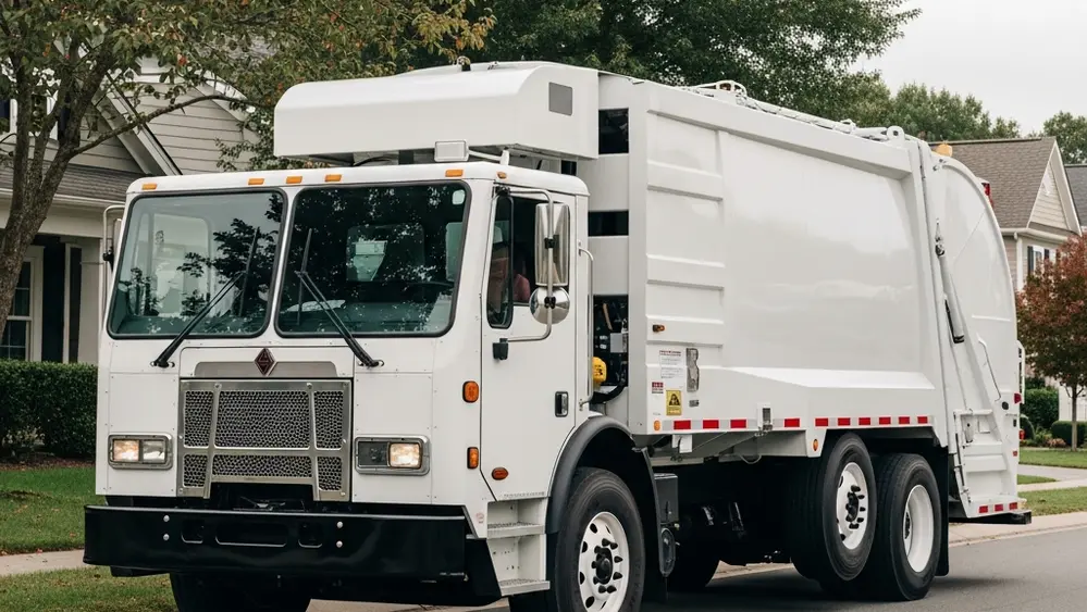 A large white Republic Services waste management truck parked on a suburban street during the day, with no visible logos or text.