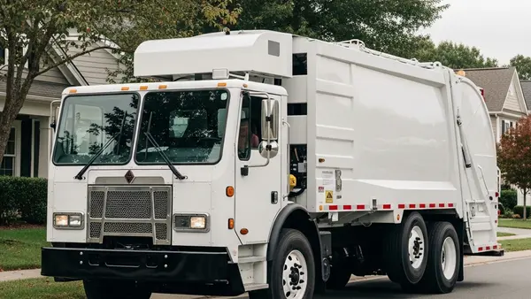 A large white Republic Services waste management truck parked on a suburban street during the day, with no visible logos or text.