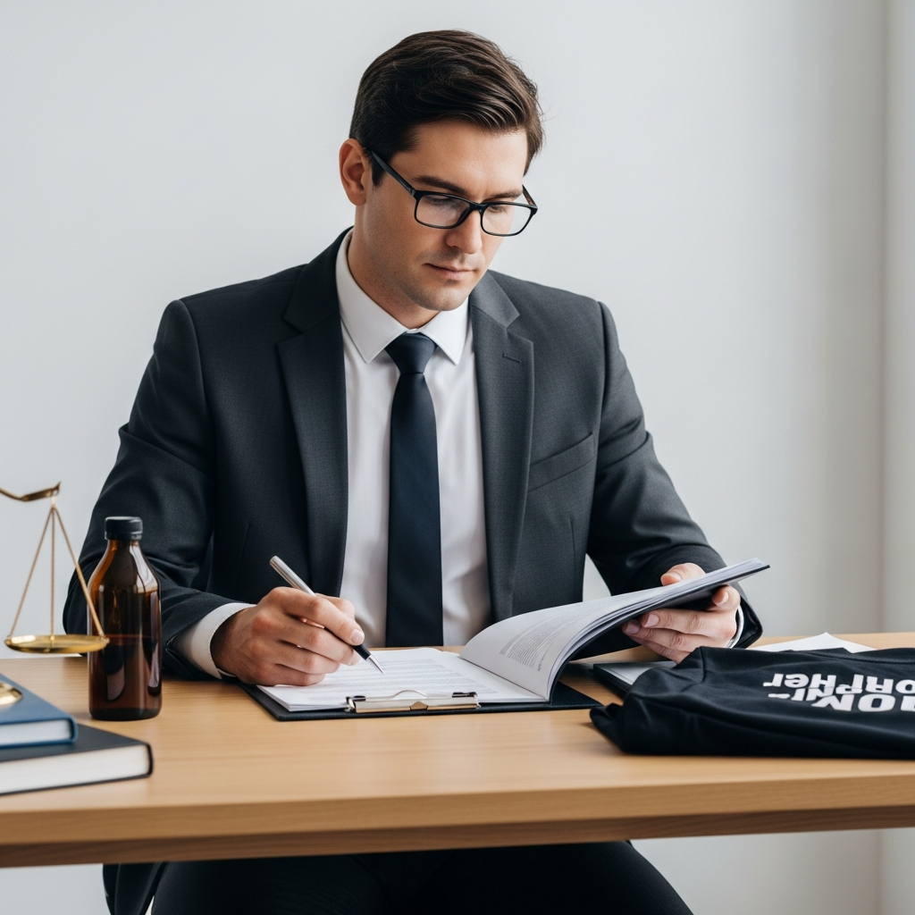 A professional person in business attire sitting at a clean wooden desk, holding a pen and reviewing a large set of papers with a focused expression.