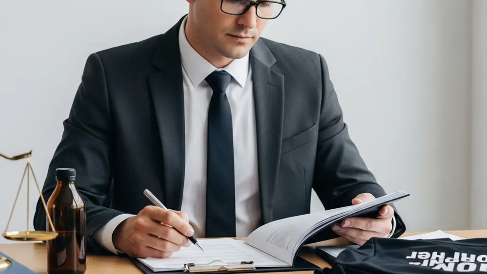 A professional person in business attire sitting at a clean wooden desk, holding a pen and reviewing a large set of papers with a focused expression.