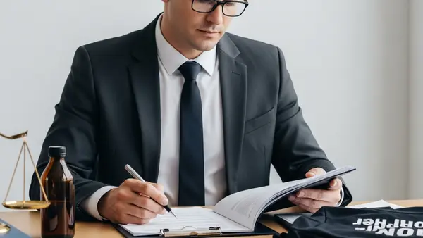 A professional person in business attire sitting at a clean wooden desk, holding a pen and reviewing a large set of papers with a focused expression.