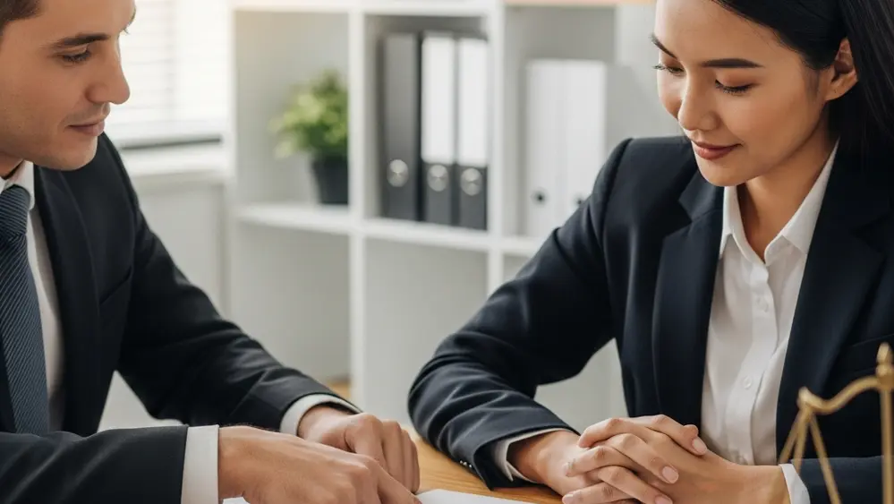 A professional meeting between two people discussing documents and a model car on a wooden desk in a bright office.