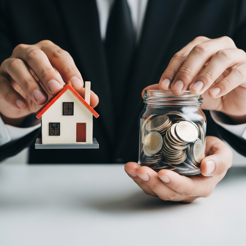 A close-up view of a person's hands holding a miniature model of a house and a small jar of coins, representing retirement savings and financial security.