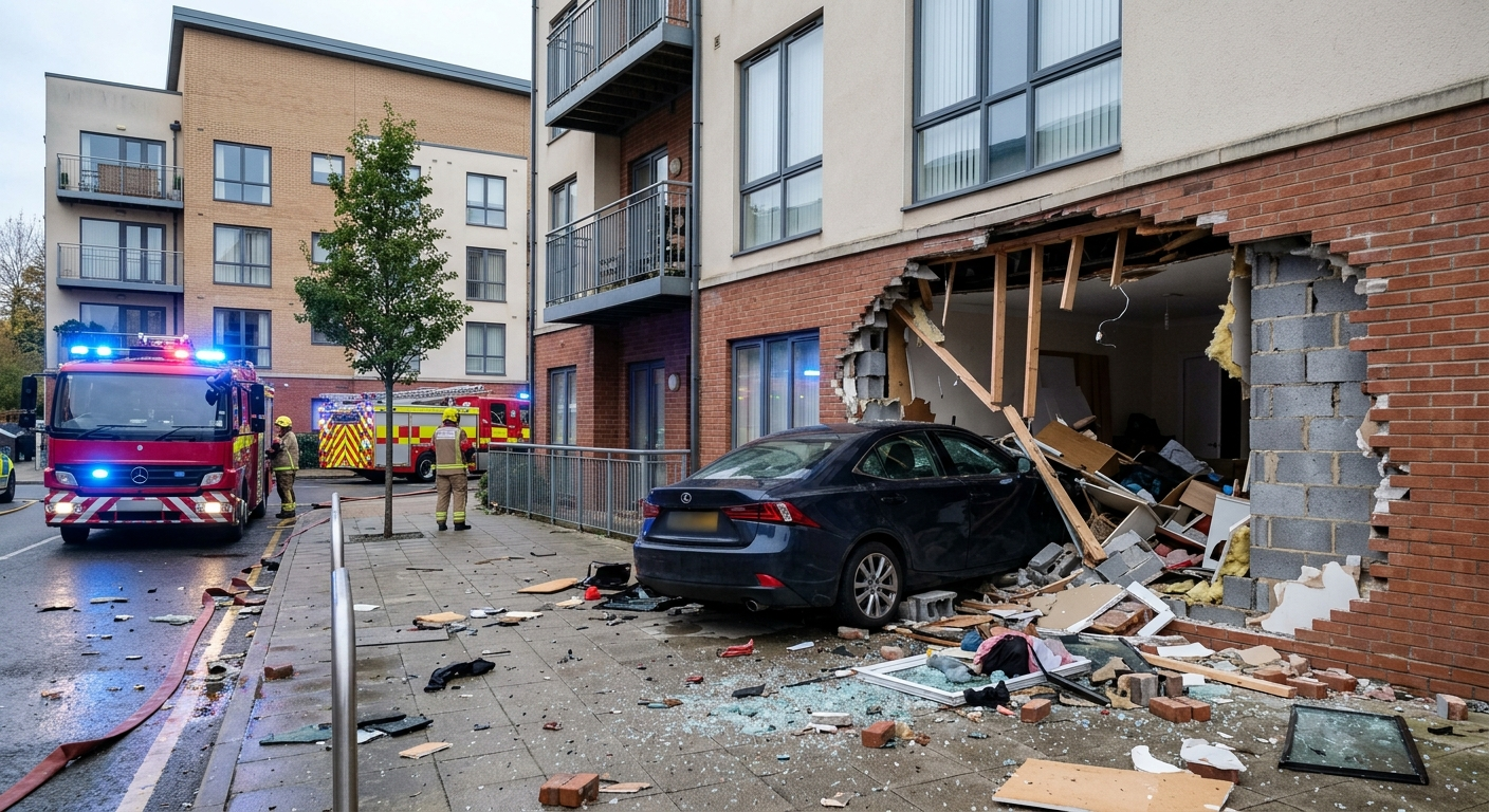 An apartment building with a large hole in a ground floor unit where a dark sedan has crashed through the wall, surrounded by debris and emergency vehicle lights.