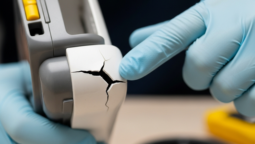 A close-up of a consumer product with a visible crack being examined by a person wearing protective gloves
