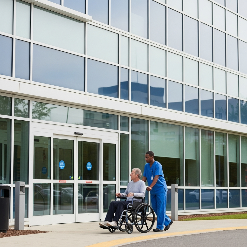 A modern hospital exterior with glass windows and a patient being assisted by a healthcare worker in a wheelchair near the entrance.