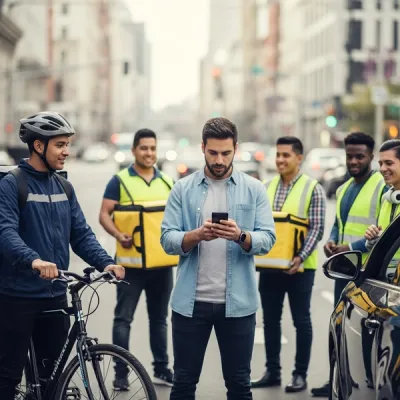 A group of delivery drivers and rideshare workers standing on a city street, one holding a bicycle and another checking a smartphone for navigation.