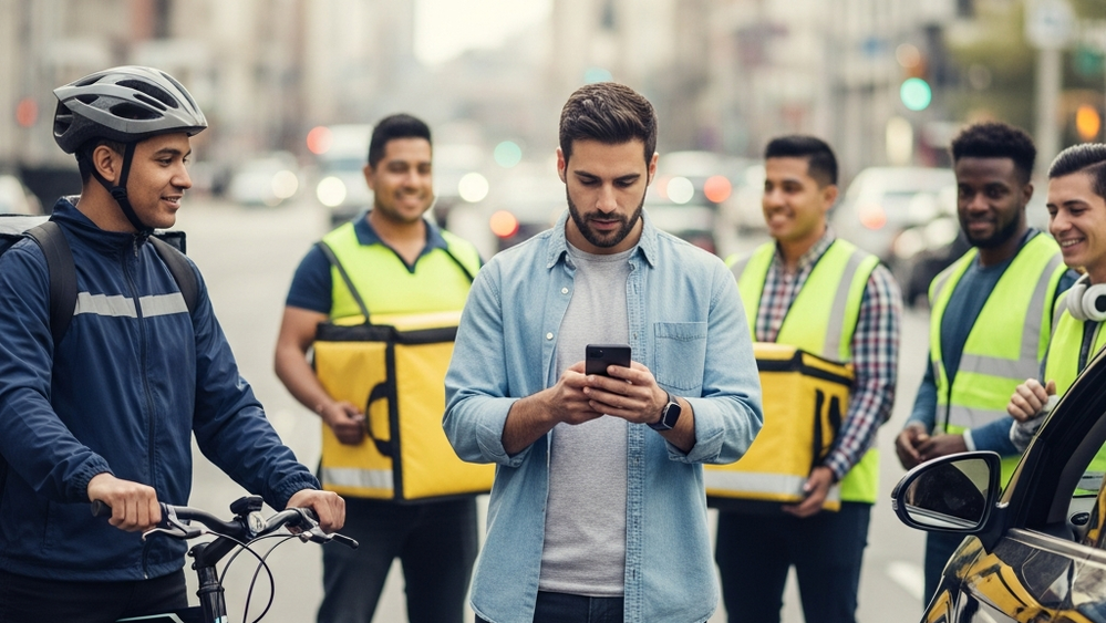A group of delivery drivers and rideshare workers standing on a city street, one holding a bicycle and another checking a smartphone for navigation.