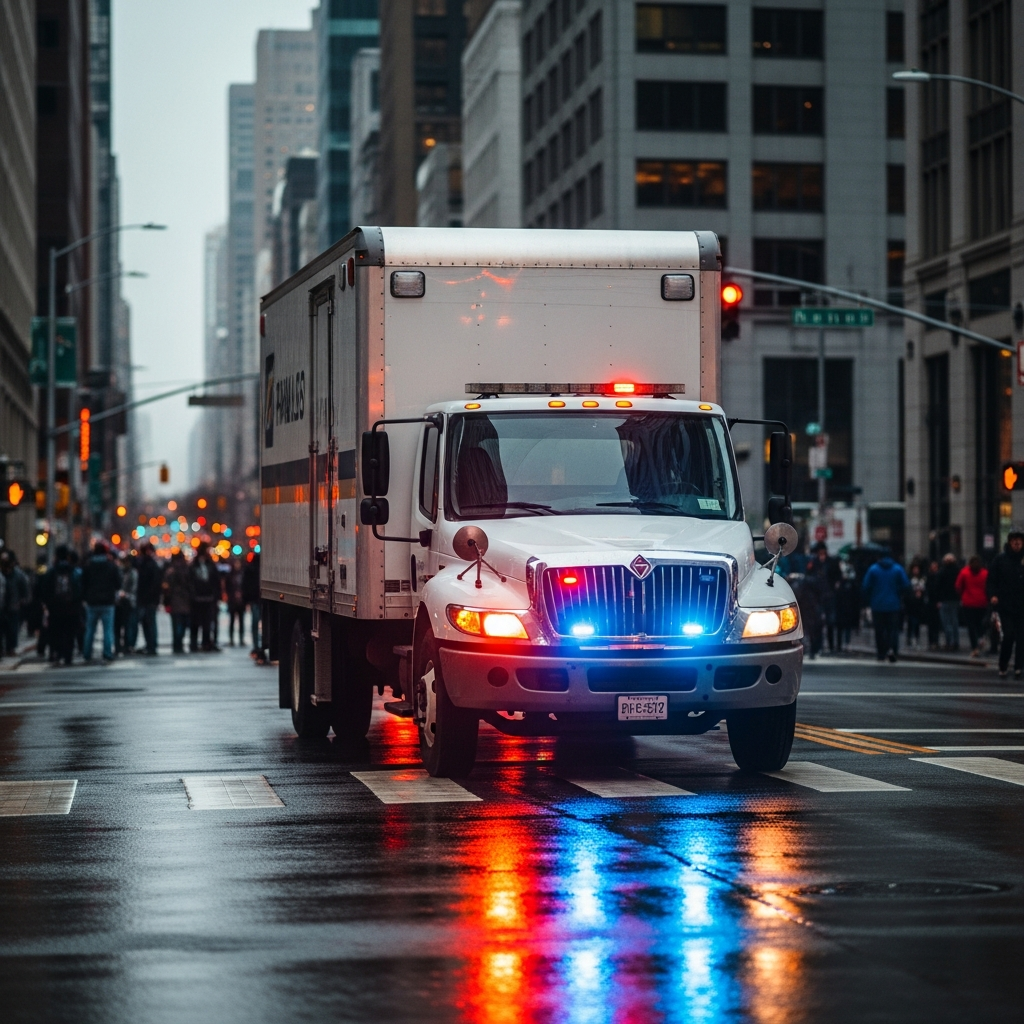 A large white rental truck stopped on a busy city street at dusk with emergency vehicle lights reflecting on the pavement and a blurred crowd nearby.