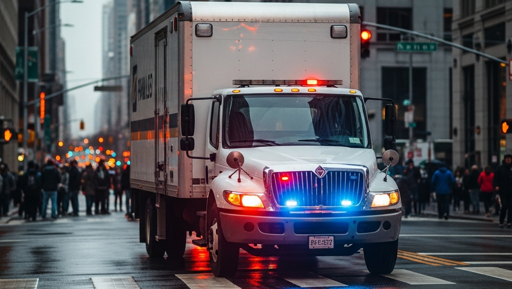 A large white rental truck stopped on a busy city street at dusk with emergency vehicle lights reflecting on the pavement and a blurred crowd nearby.
