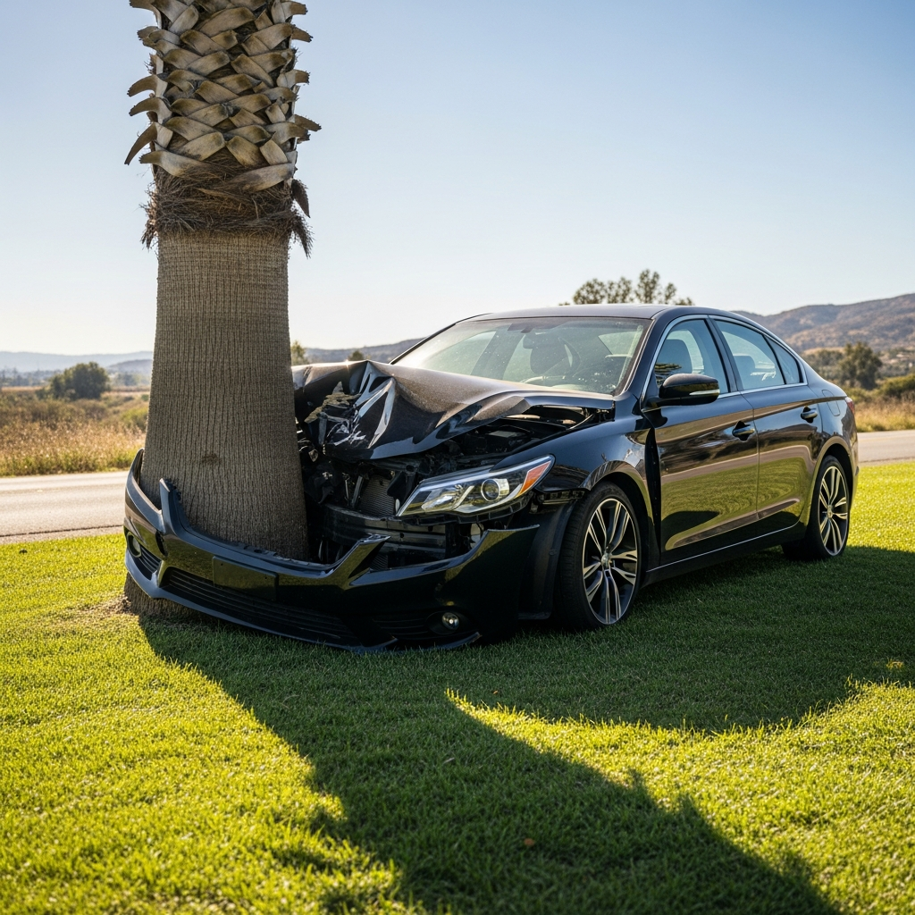 A modern sedan with heavy front-end damage resting against a large palm tree on a grassy roadside in California.