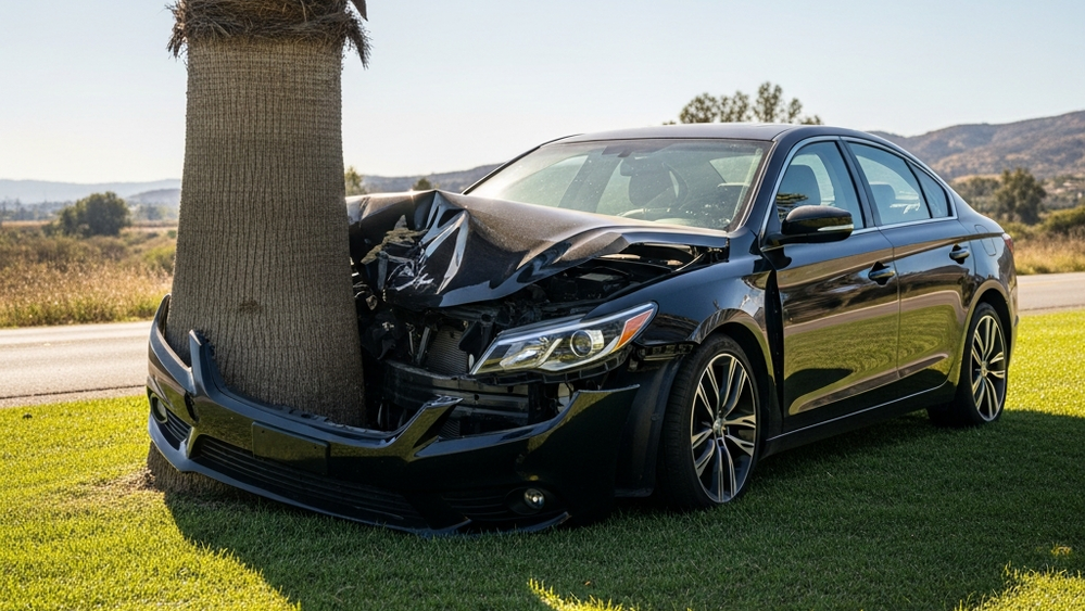 A modern sedan with heavy front-end damage resting against a large palm tree on a grassy roadside in California.