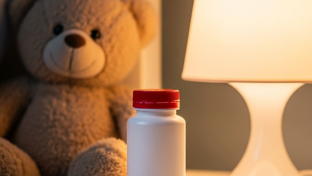 A white plastic bottle of pain relief medication with a red cap sitting on a child's nightstand next to a teddy bear and a lamp.