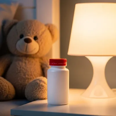 A white plastic bottle of pain relief medication with a red cap sitting on a child's nightstand next to a teddy bear and a lamp.