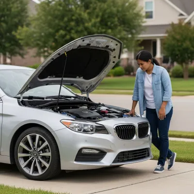 A modern silver sedan parked on a suburban driveway with its hood open and a frustrated person standing nearby looking at the engine