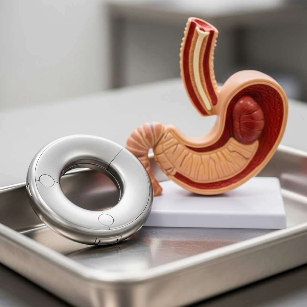 A magnetic ring medical device resting on a sterile metal surgical tray next to a detailed anatomical model showing the lower esophagus and stomach junction.