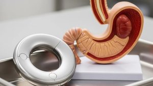 A magnetic ring medical device resting on a sterile metal surgical tray next to a detailed anatomical model showing the lower esophagus and stomach junction.