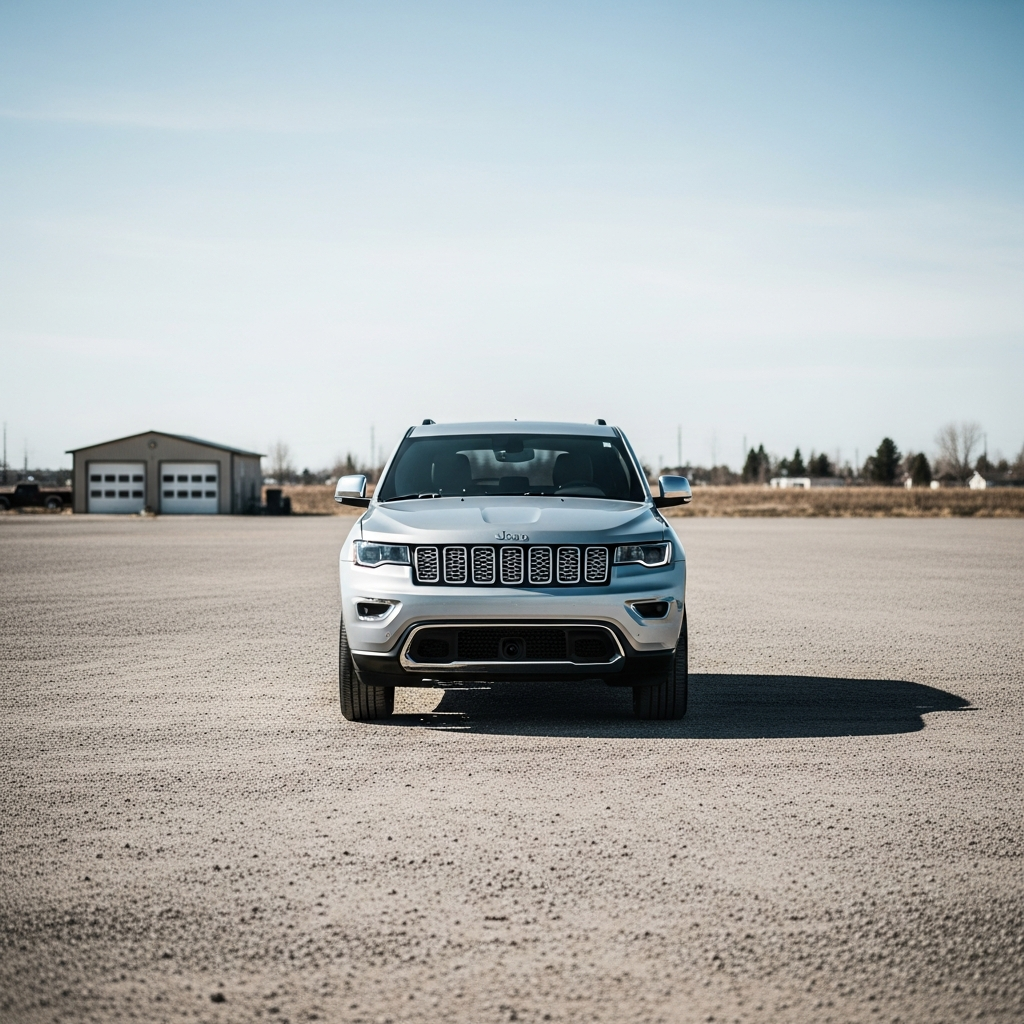 A modern silver Jeep SUV parked alone in a large empty gravel lot during the daytime, with a blurred residential garage in the distant background.