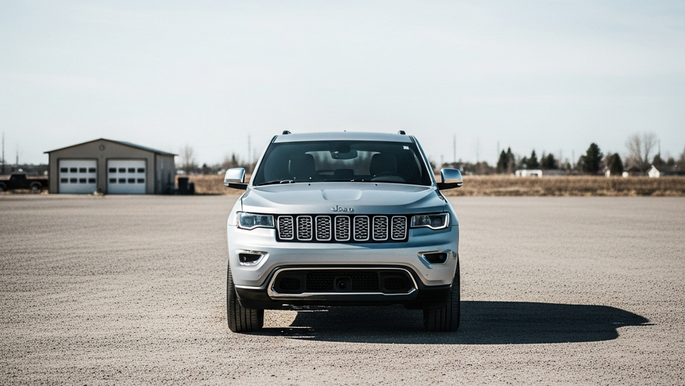 A modern silver Jeep SUV parked alone in a large empty gravel lot during the daytime, with a blurred residential garage in the distant background.