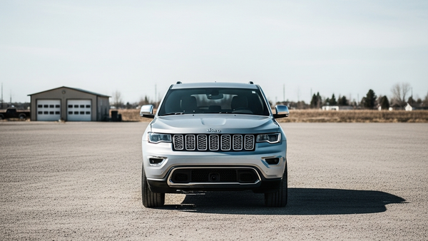 A modern silver Jeep SUV parked alone in a large empty gravel lot during the daytime, with a blurred residential garage in the distant background.