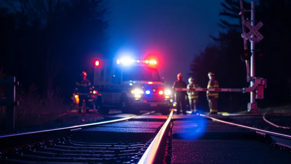 Emergency lights flashing near a railroad crossing at night with first responders blurred in the background